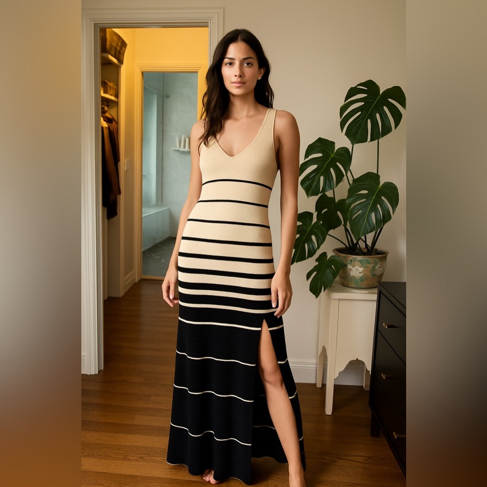 Goddis Navy & Cream Striped Knit Maxi Dress | Sleeveless | Side Slit | Size M/L